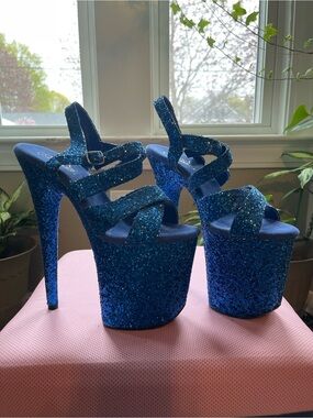 Pleaser Flamingo-897LG Royal Blue Glitter | 8" Heel, Size 9 (Like New)